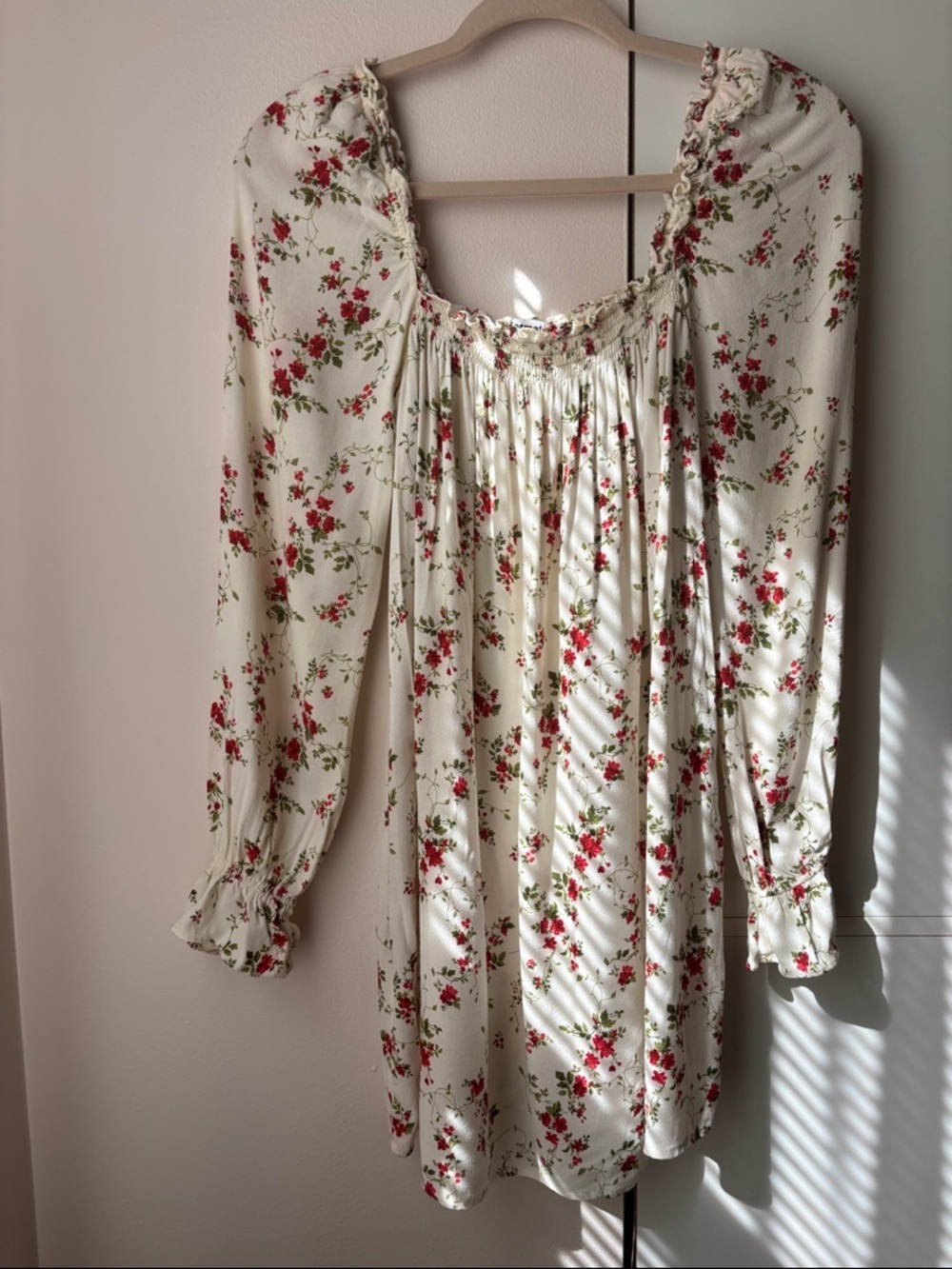 Reformation Hudsen Babydoll Mini Dress Floral Smocked Cottagecore Long Sleeve L - Picture 2 of 3